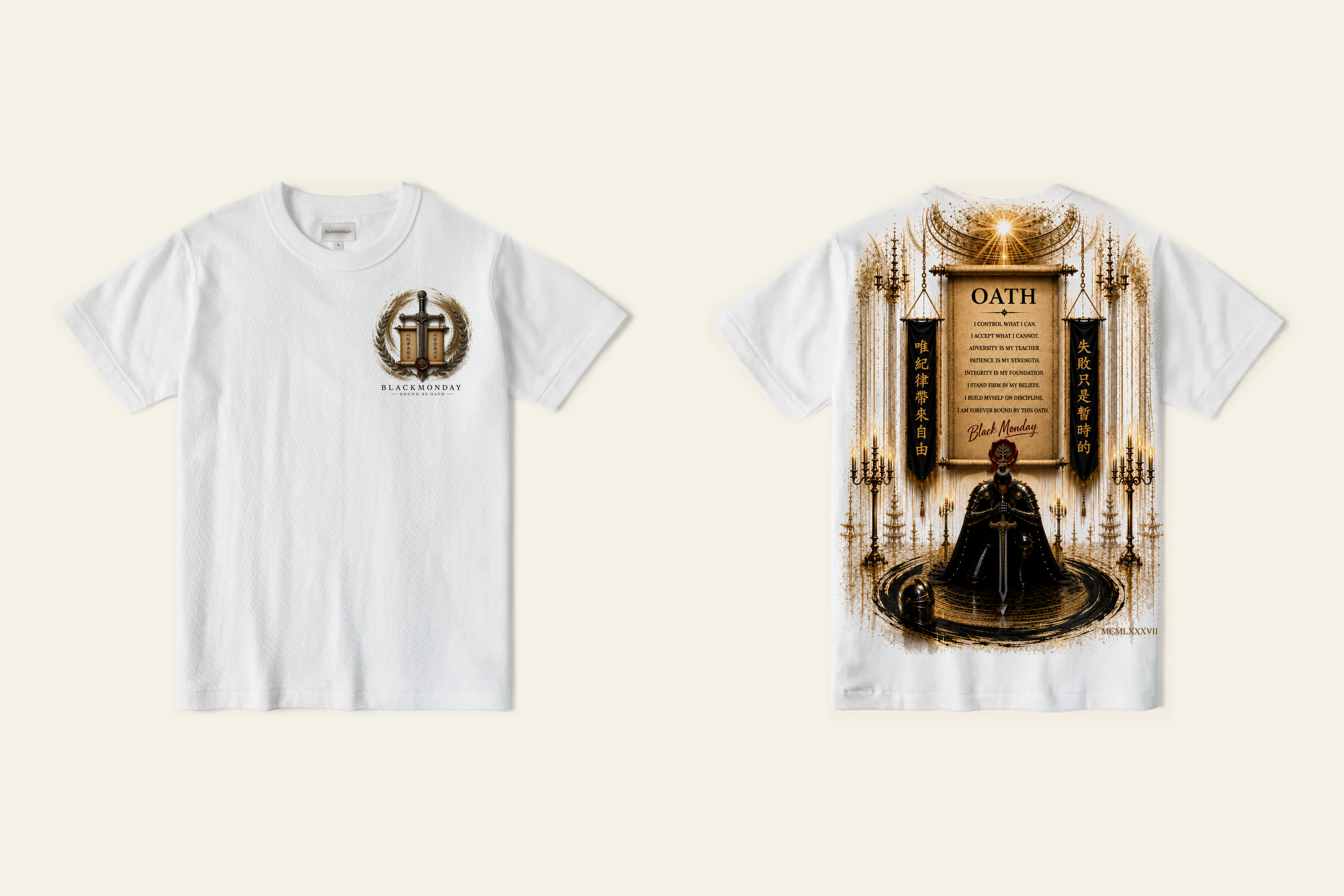 Front-and-back presentation of the white BOUND BY OATH shirt
