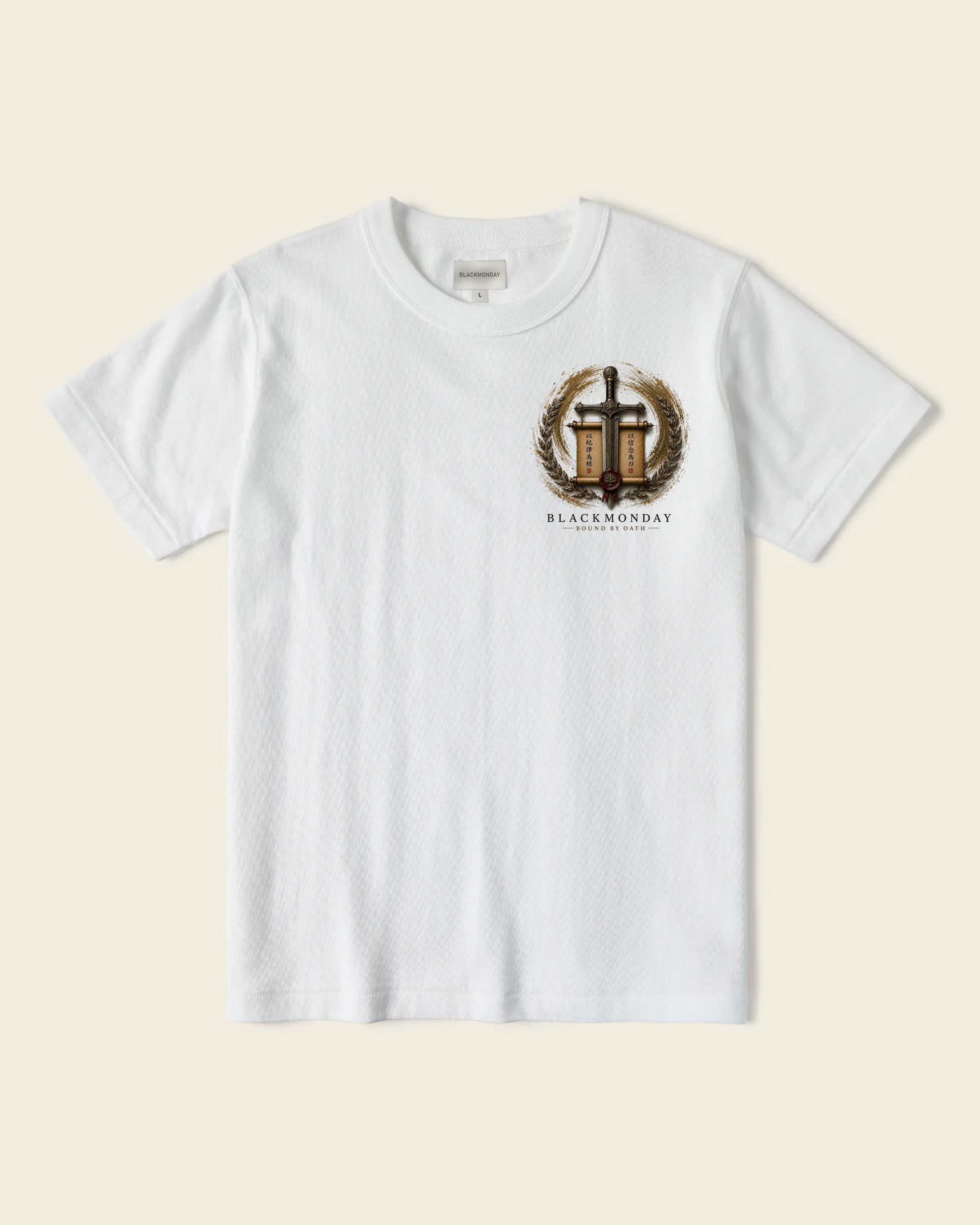 Front view of the white BOUND BY OATH shirt with sword, scroll, laurels, and wax-seal chest artwork